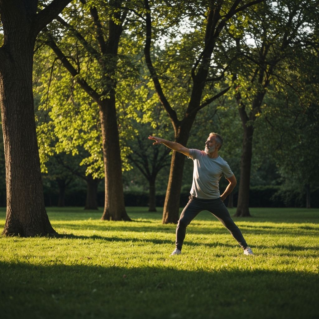 Pria matang melakukan peregangan ringan di taman pada pagi hari