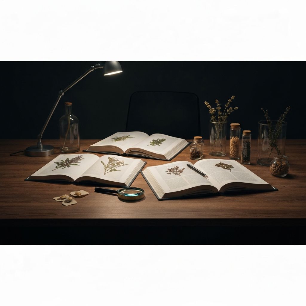 Meja penelitian modern dengan jurnal ilmiah dan spesimen botani