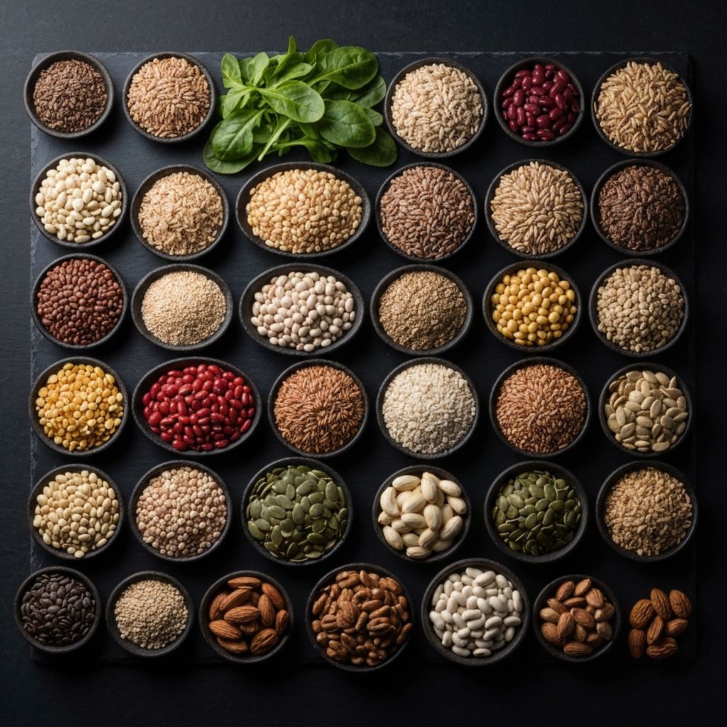 Berbagai bahan pangan alami diatur di atas batu gelap