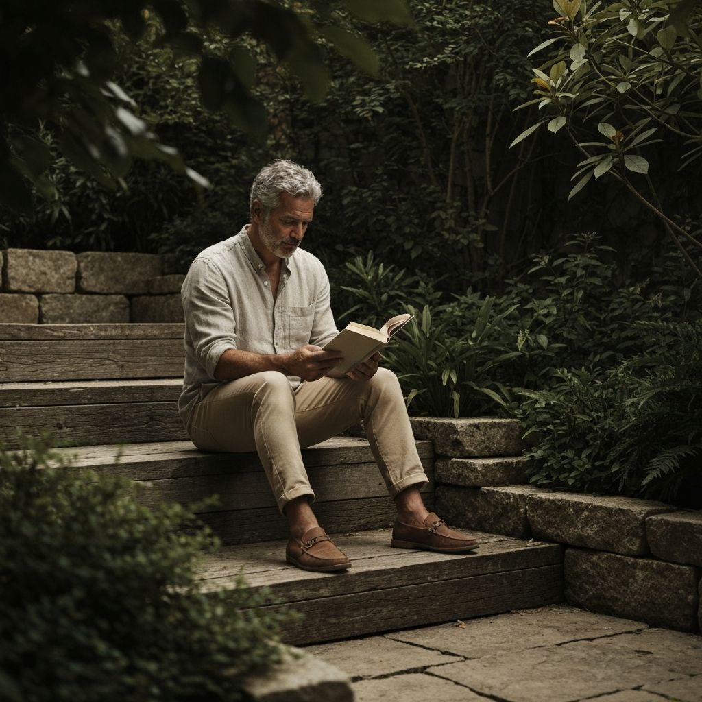 Pria dewasa dalam suasana alami yang tenang, membaca buku di taman